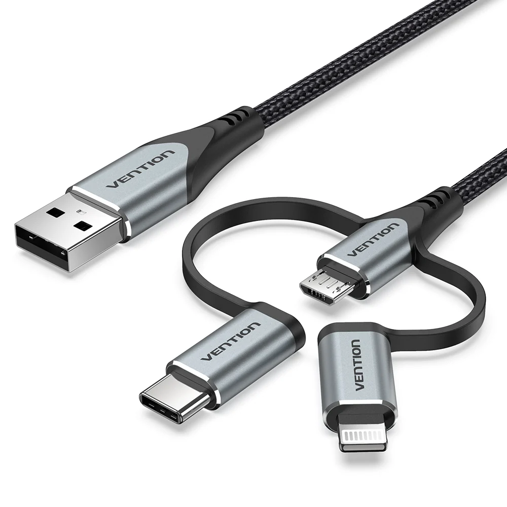 Vention USB 2.0 A Male to 3-in-1 Micro-B&USB-C&Lightning Male Cable 1M Gray Aluminum Alloy Type
